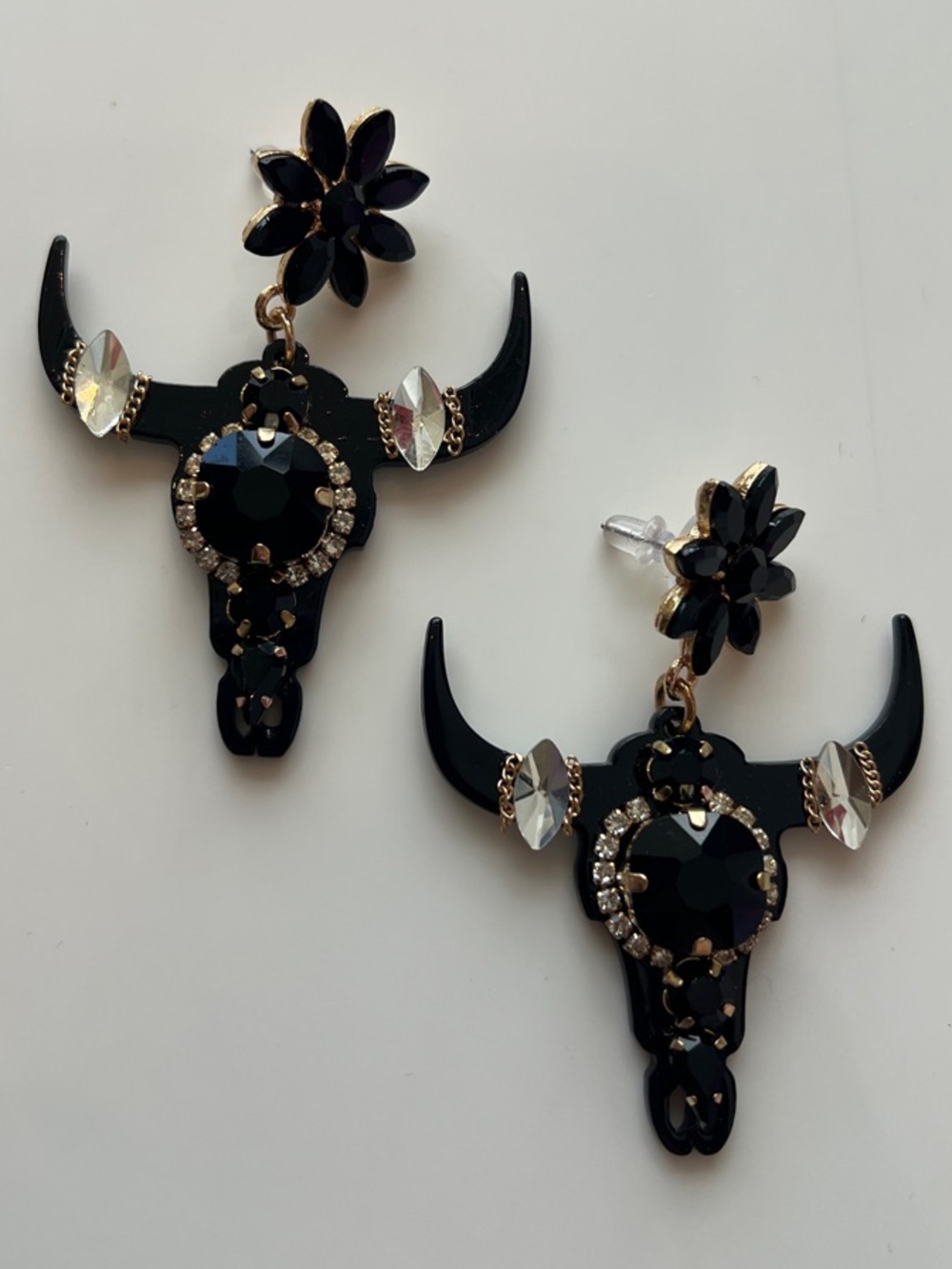 Black Floral Bull Skull Drop Earrings - Women's Statement Jewelry